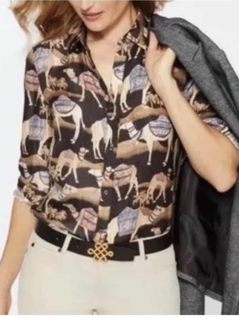 J.MCLAUGHLIN Women's Brown Camel Print Button Front Silk/Viscose L/S Blouse